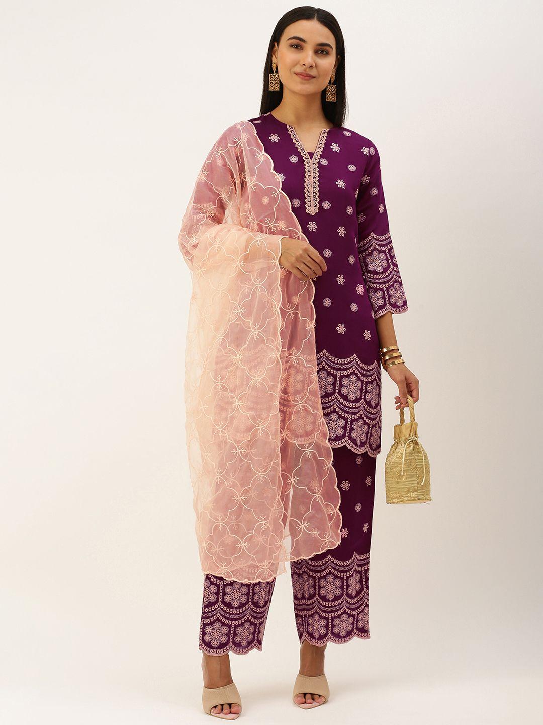 heeposh women magenta floral embroidered kurta with trousers & dupatta