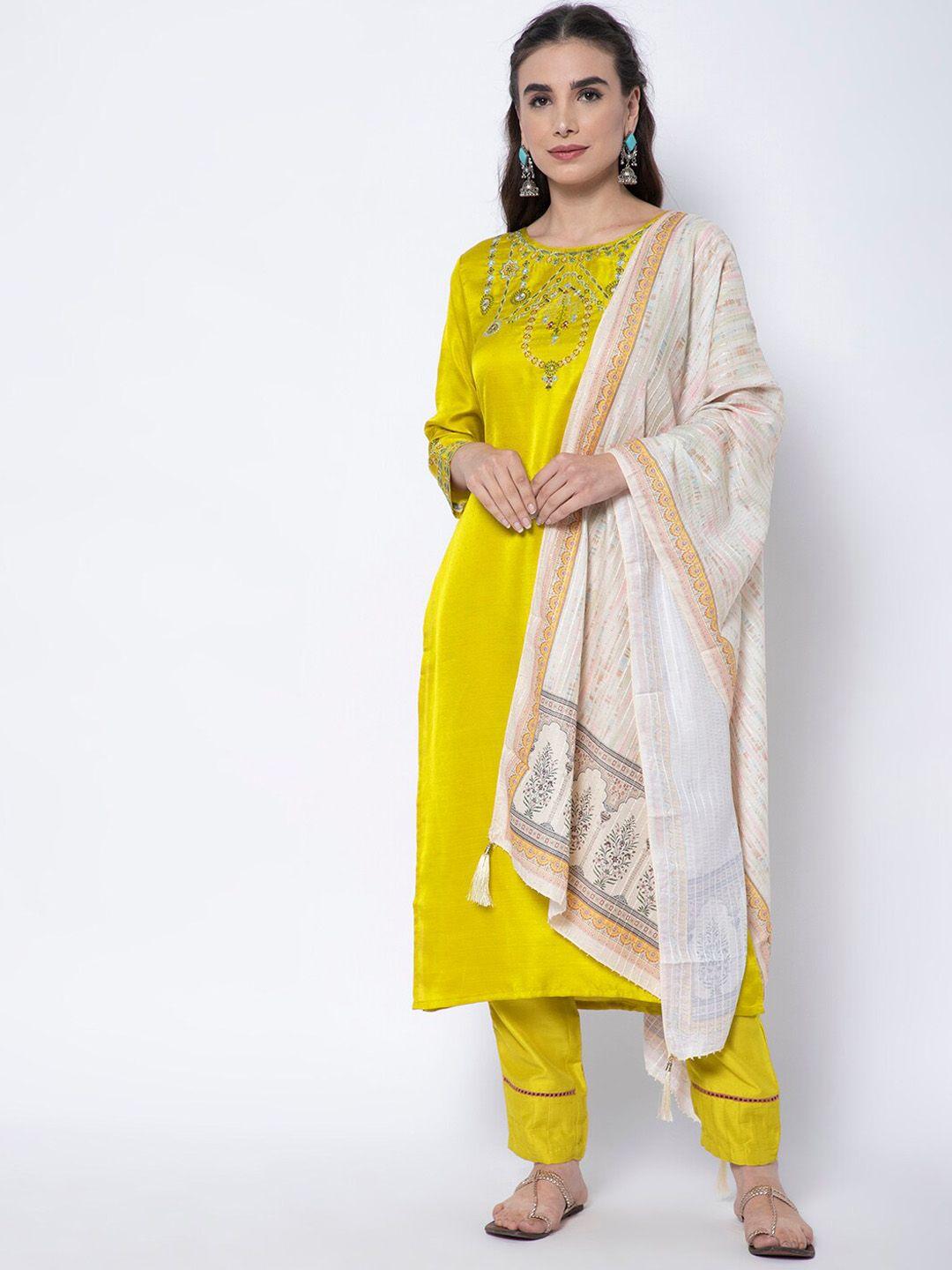 heeposh women mustard yellow ethnic motifs embroidered kurta set & with dupatta