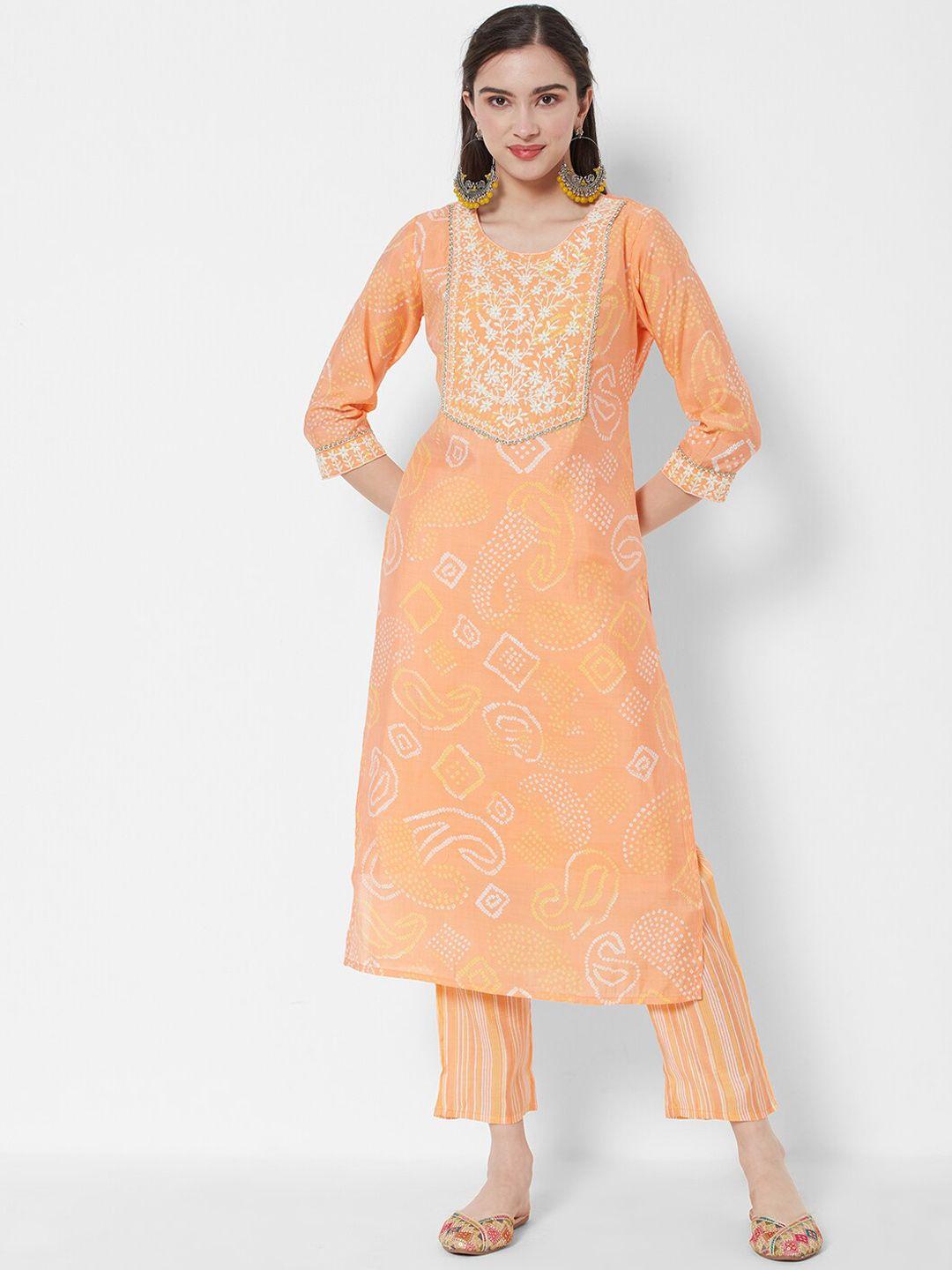 heeposh women orange embroidered thread work chanderi silk kurta set with dupatta