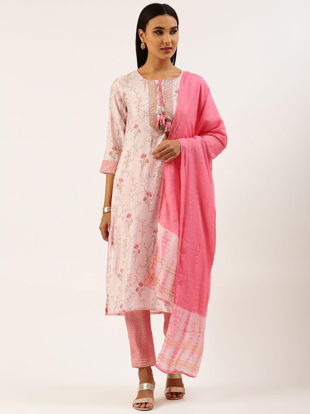 heeposh women pink floral printed gotta patti kurta with trousers & dupatta