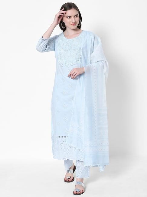 heeposh blue cotton embroidered kurta pant set with dupatta