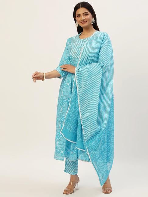 heeposh blue cotton printed kurta pant set with dupatta