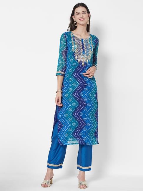 heeposh blue embroidered kurta pant set with dupatta