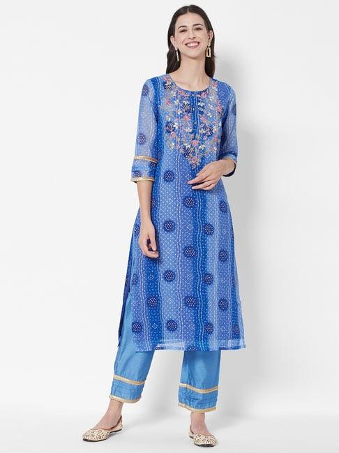 heeposh blue embroidered kurta pant set with dupatta