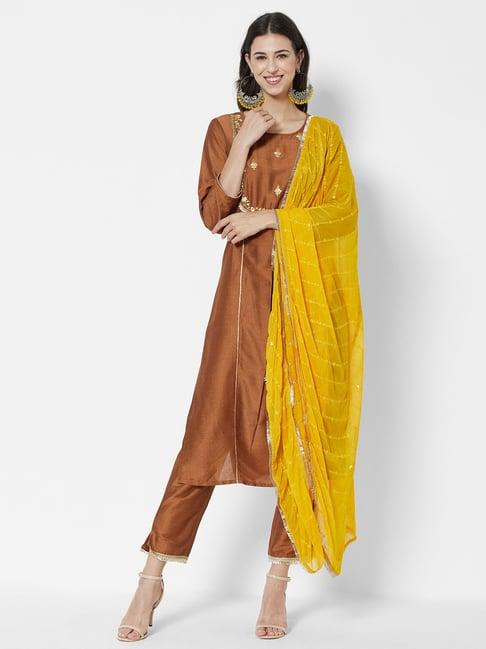 heeposh brown embroidered kurta pant set with dupatta