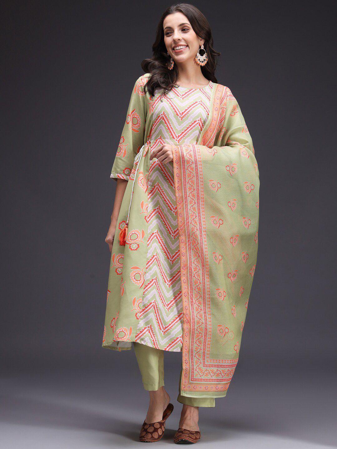 heeposh chevron printed pleated a-line kurta with trousers & dupatta