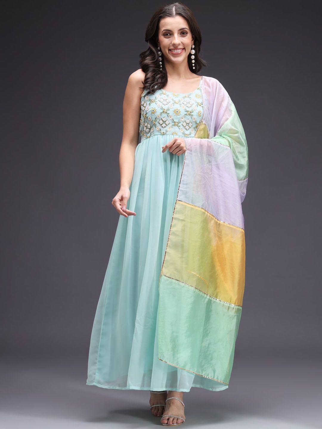 heeposh embellished shoulder straps fit & flare georgette maxi ethnic dress with dupatta