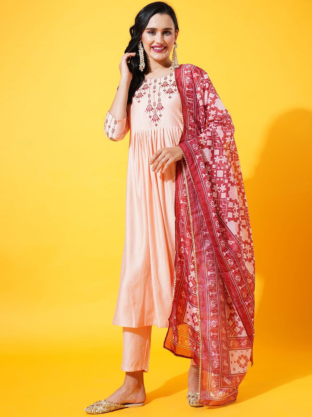 heeposh embroidered empire kurta with trousers & dupatta