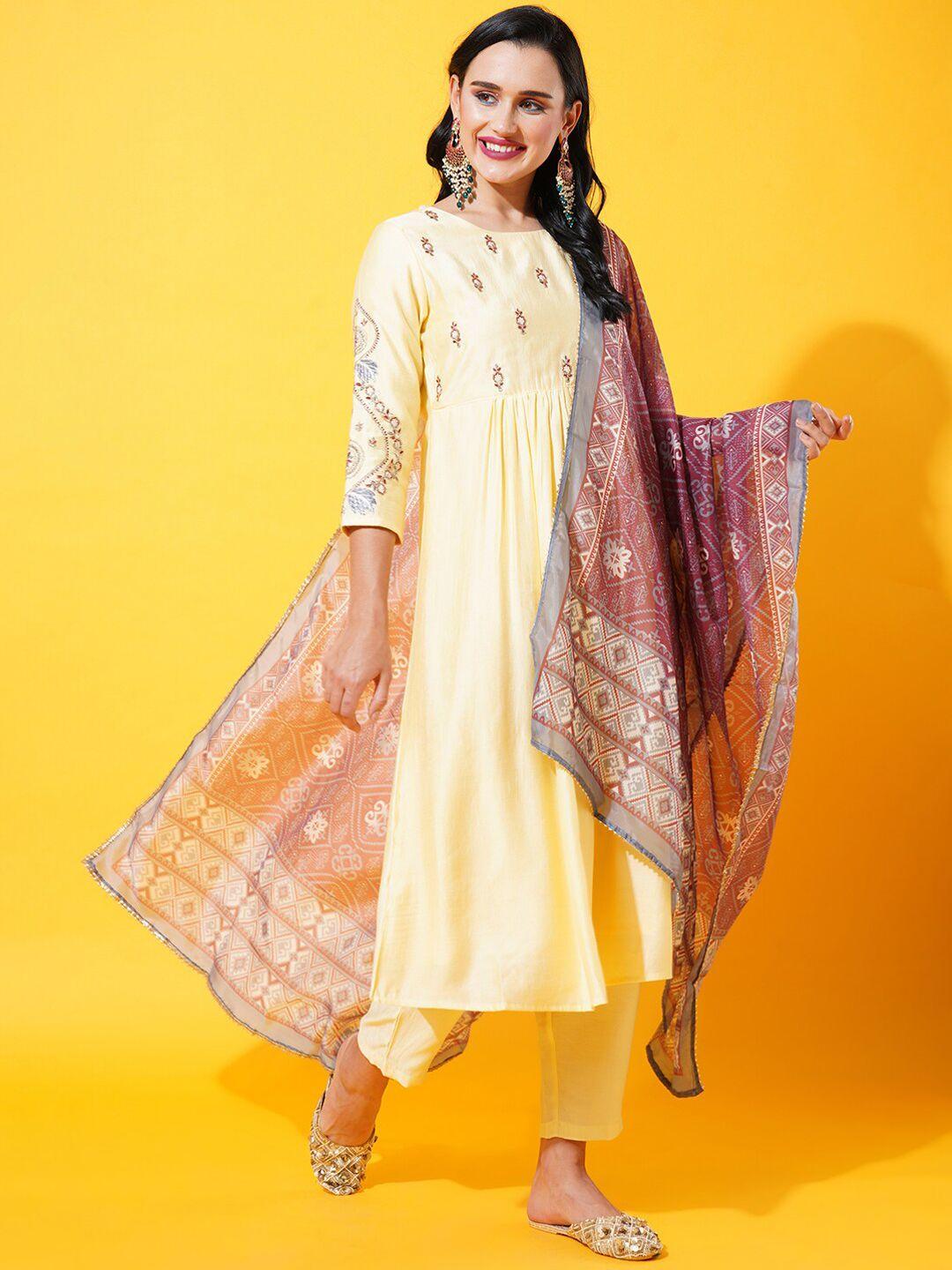 heeposh embroidered empire kurta with trousers & with dupatta