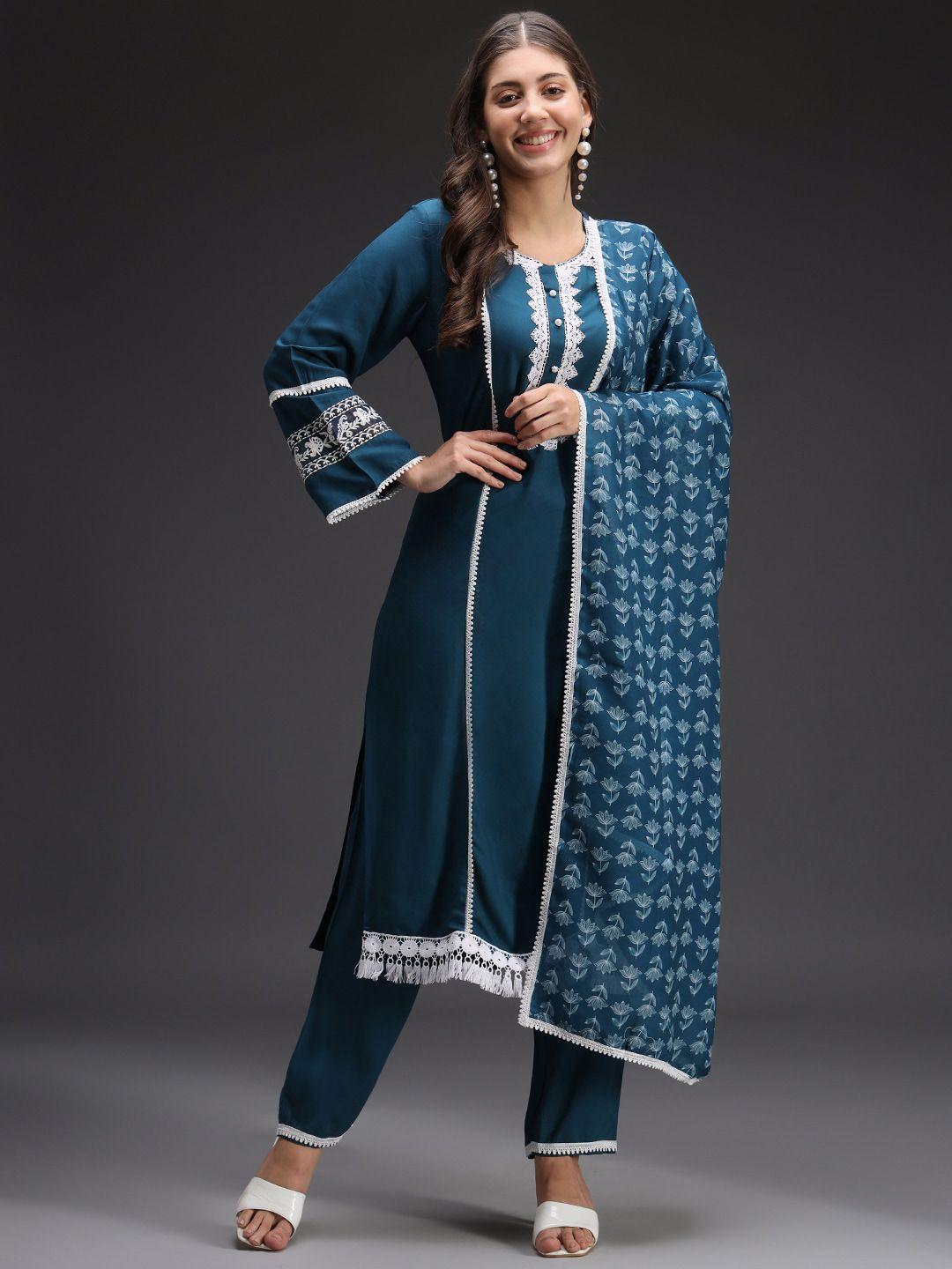 heeposh embroidered thread work with lace detailing kurta with trousers & dupatta