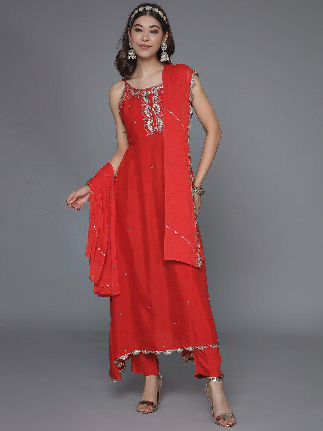 heeposh ethnic motifs embroidered thread work a-line kurta & trousers with dupatta
