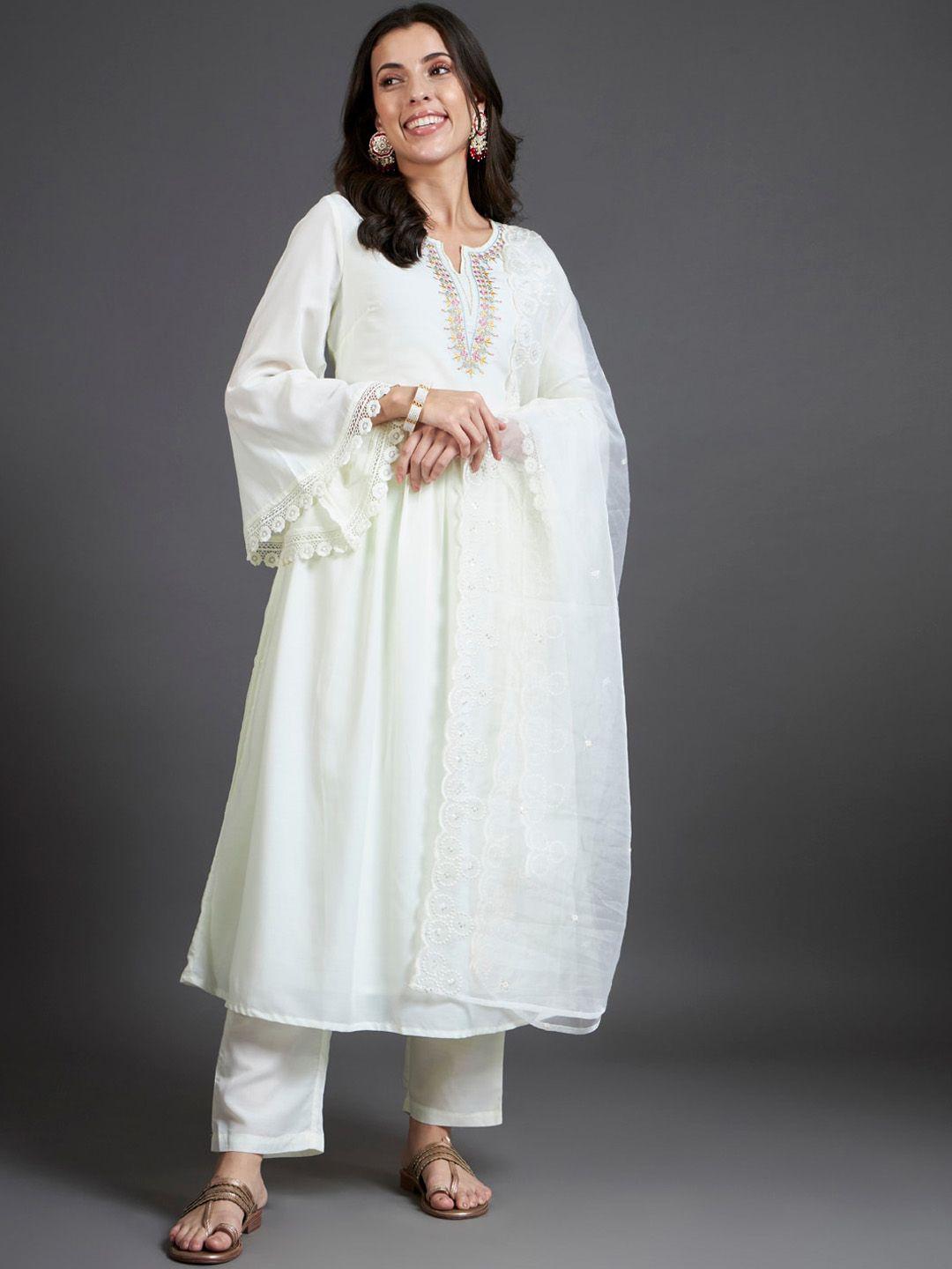heeposh ethnic motifs embroidered yoke white romance a-line kurta & trousers with dupatta