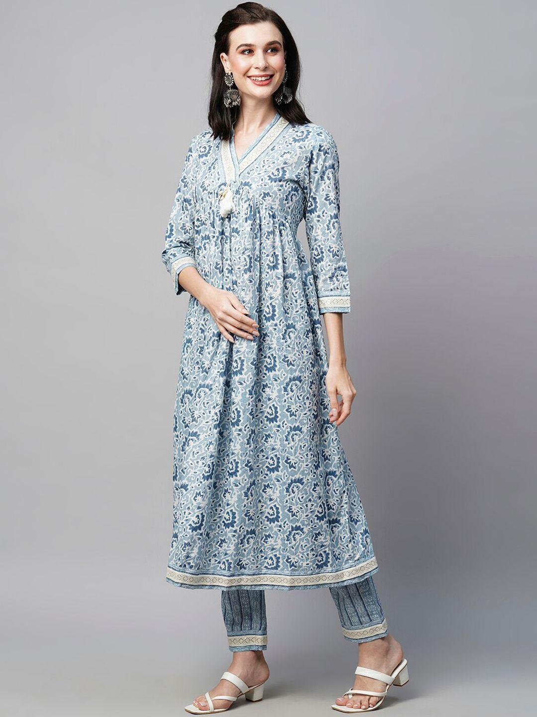 heeposh ethnic motifs printed empire flared pure cotton kurta with trousers & dupatta