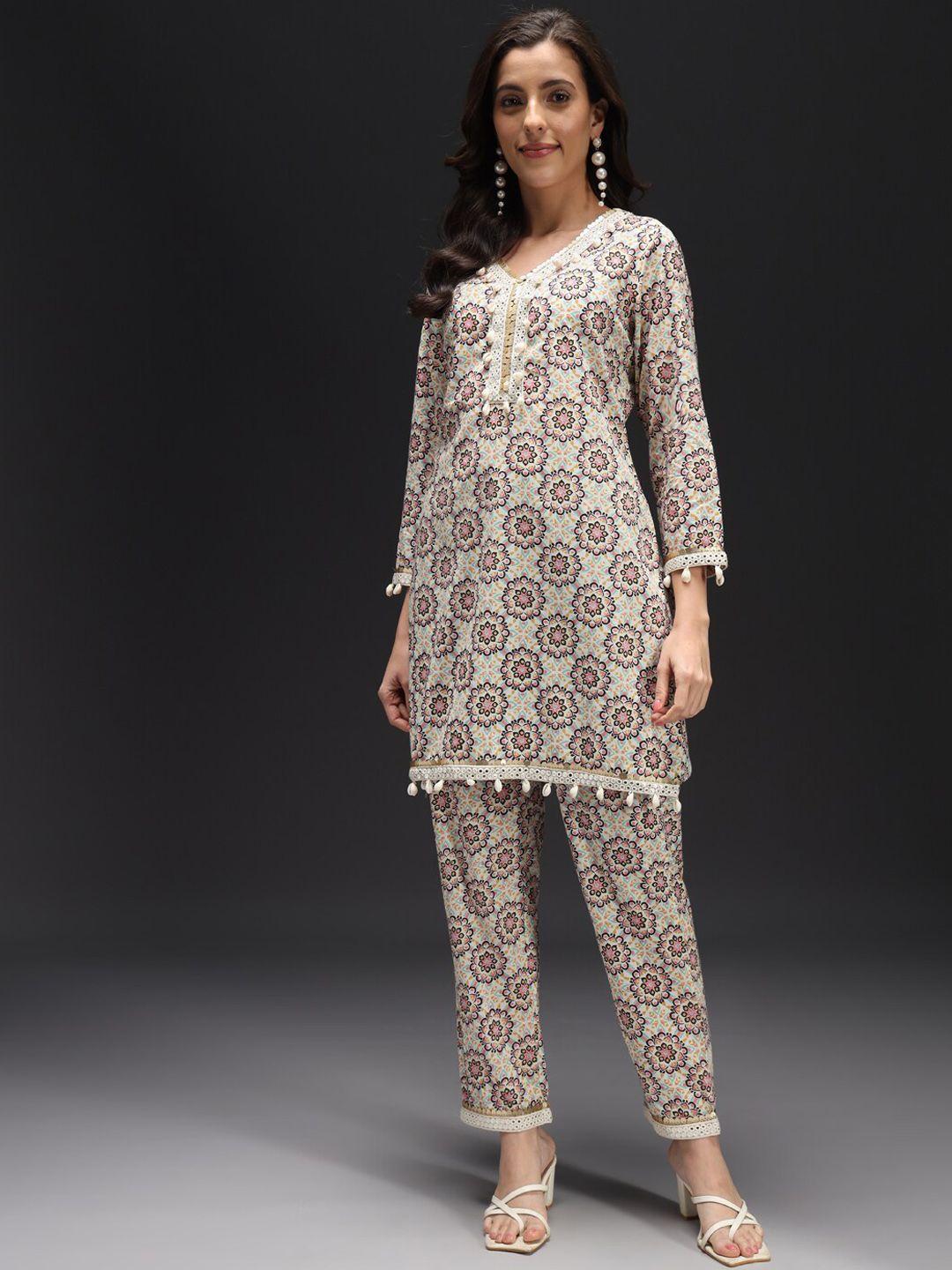 heeposh ethnic motifs printed mirror work jute cotton kurta with trousers