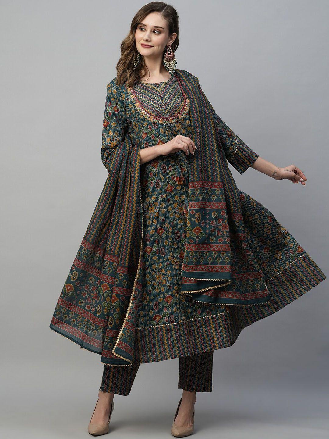 heeposh ethnic motifs printed pure cotton a-line kurta & trousers with dupatta