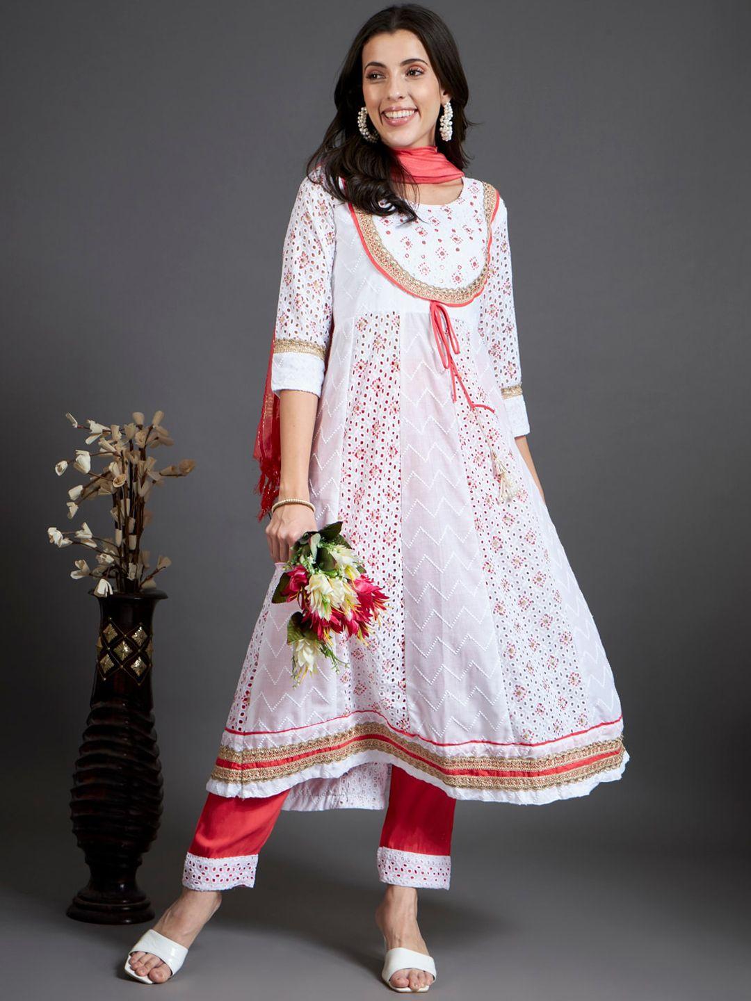 heeposh ethnic motifs printed thread work panelled anarkali kurta & trousers with dupatta