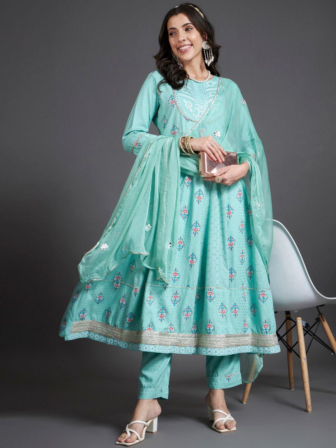 heeposh ethnic motifs printed thread work panelled anarkali kurta & trousers with dupatta