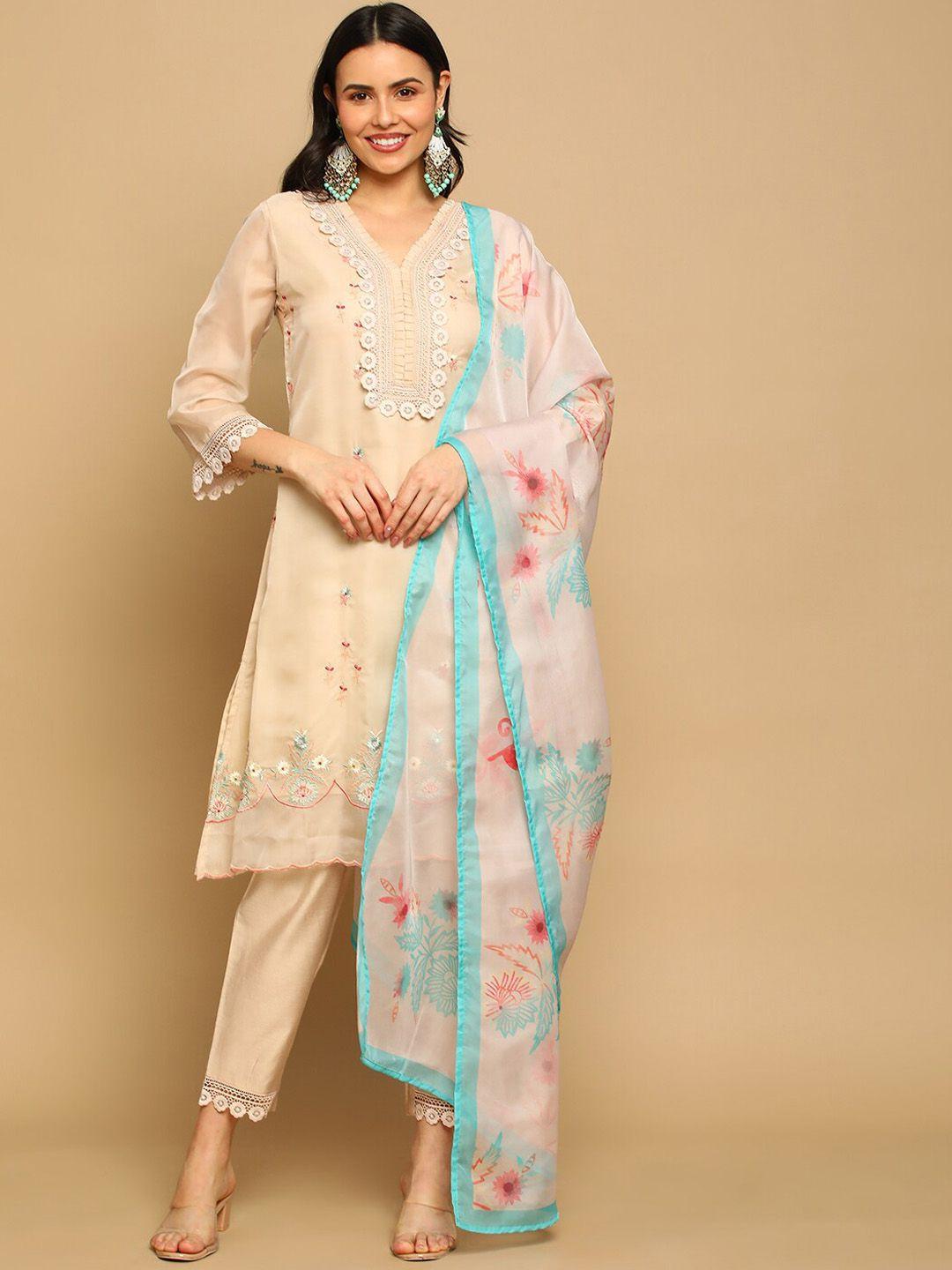 heeposh floral embroidered a-line kurta with trousers & dupatta