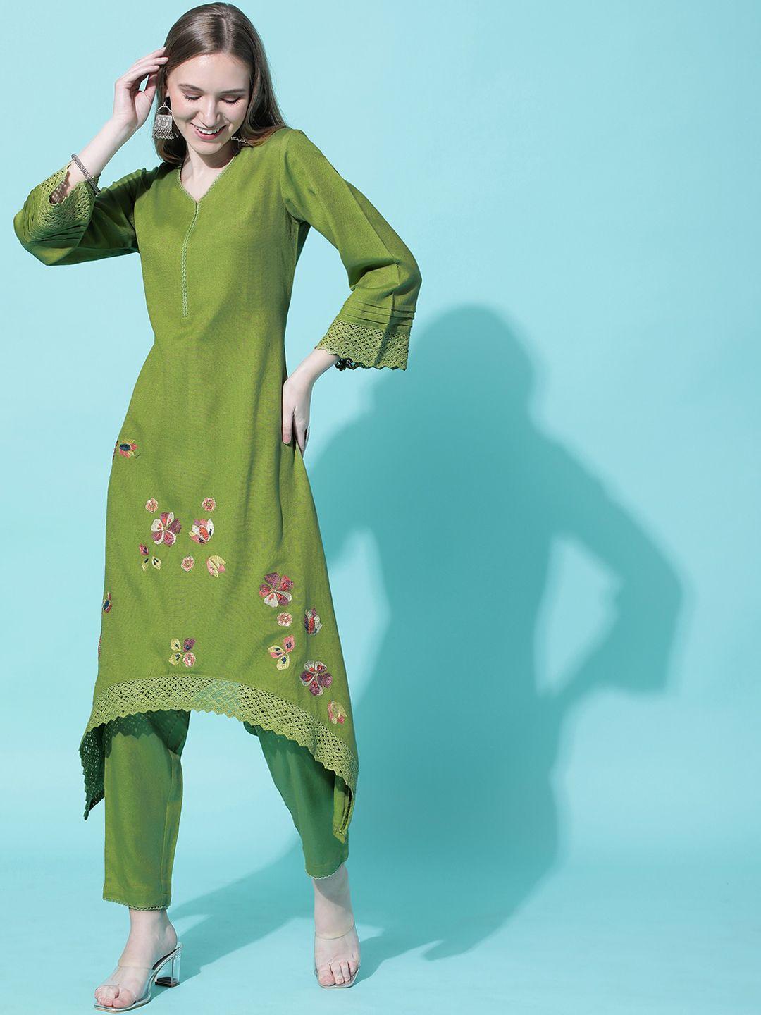 heeposh floral embroidered a-line kurta with trousers & dupatta
