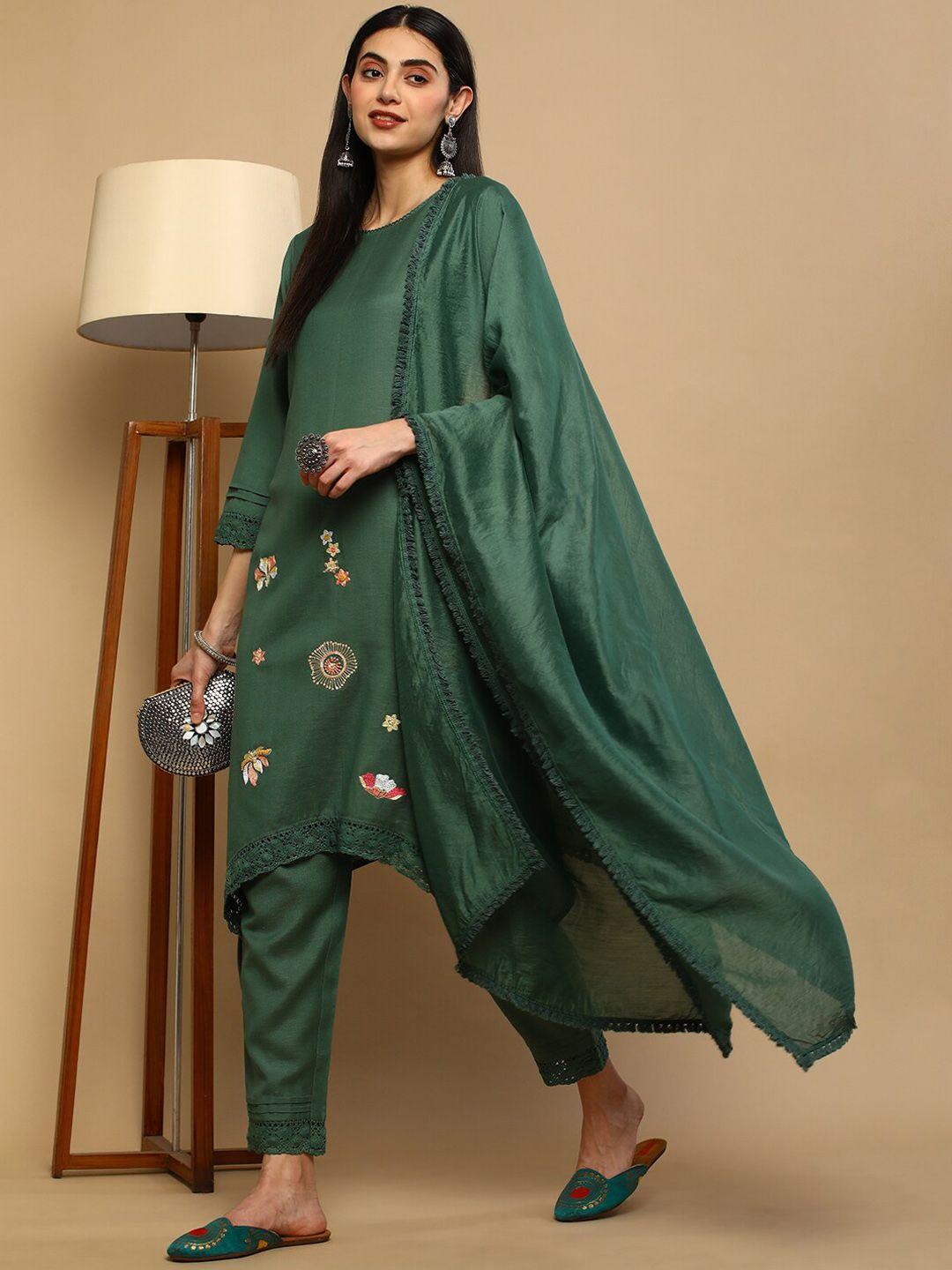 heeposh floral embroidered asymmetric a-line kurta & trousers with dupatta