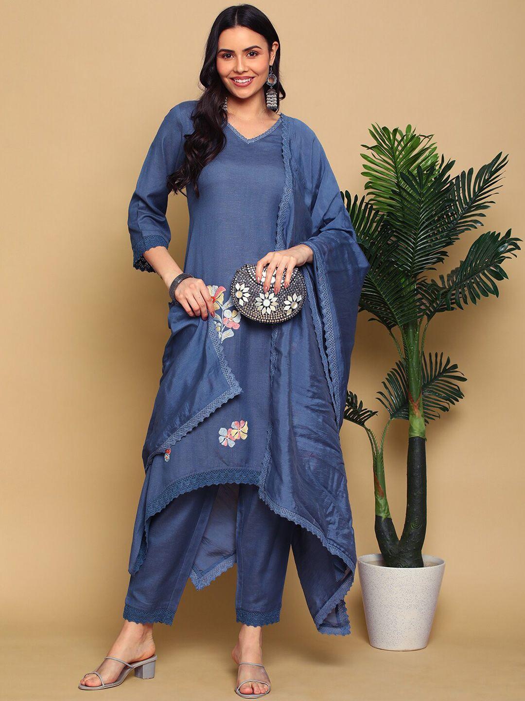 heeposh floral embroidered asymmetric a-line kurta with trousers & dupatta