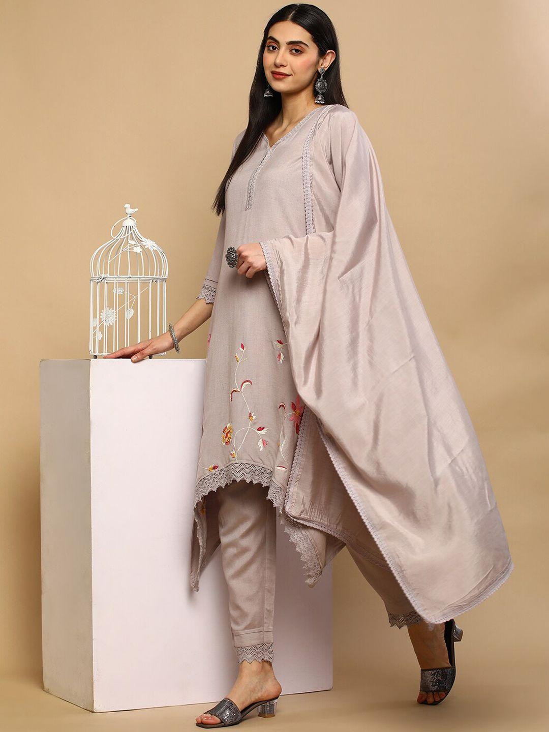 heeposh floral embroidered asymmetric regular kurta with trousers & dupatta