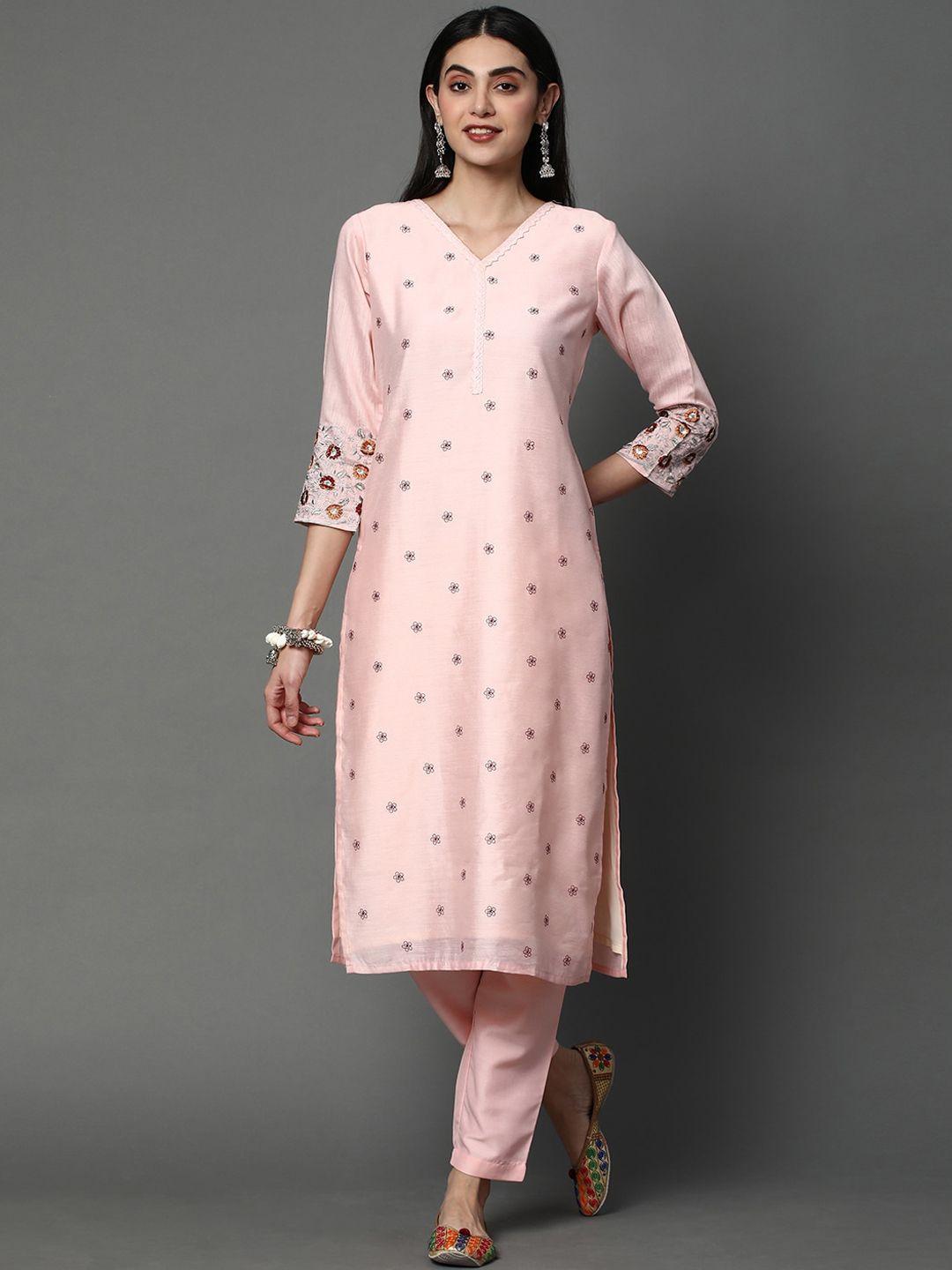 heeposh floral embroidered chanderi silk kurta with trousers & dupatta