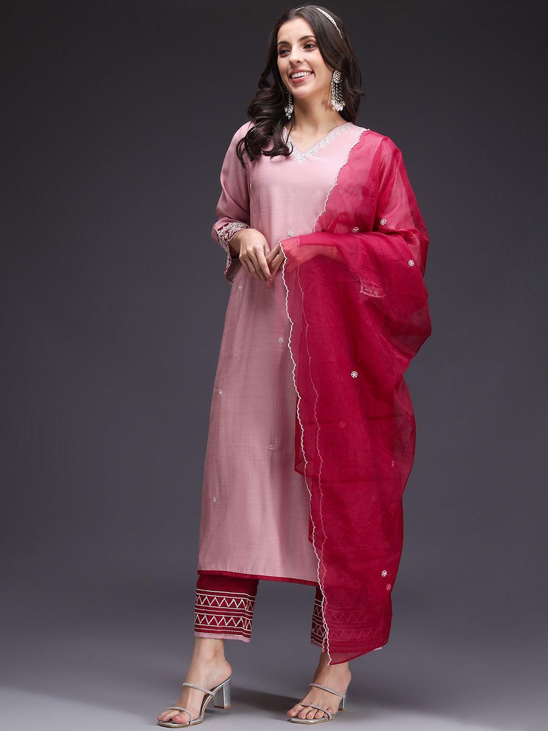 heeposh floral embroidered detail a-line kurta & trouser with dupatta