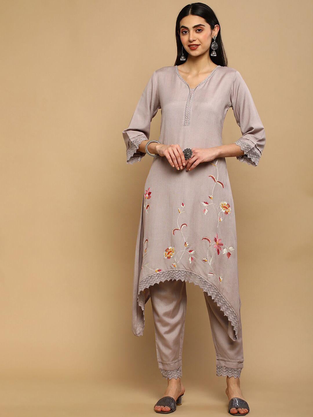 heeposh floral embroidered empire kurta with trousers & dupatta