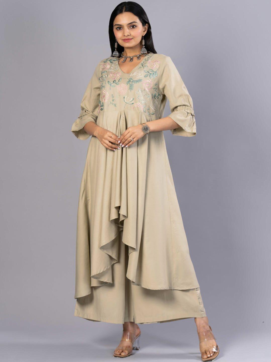 heeposh floral embroidered layered jute cotton kurta with palazzos