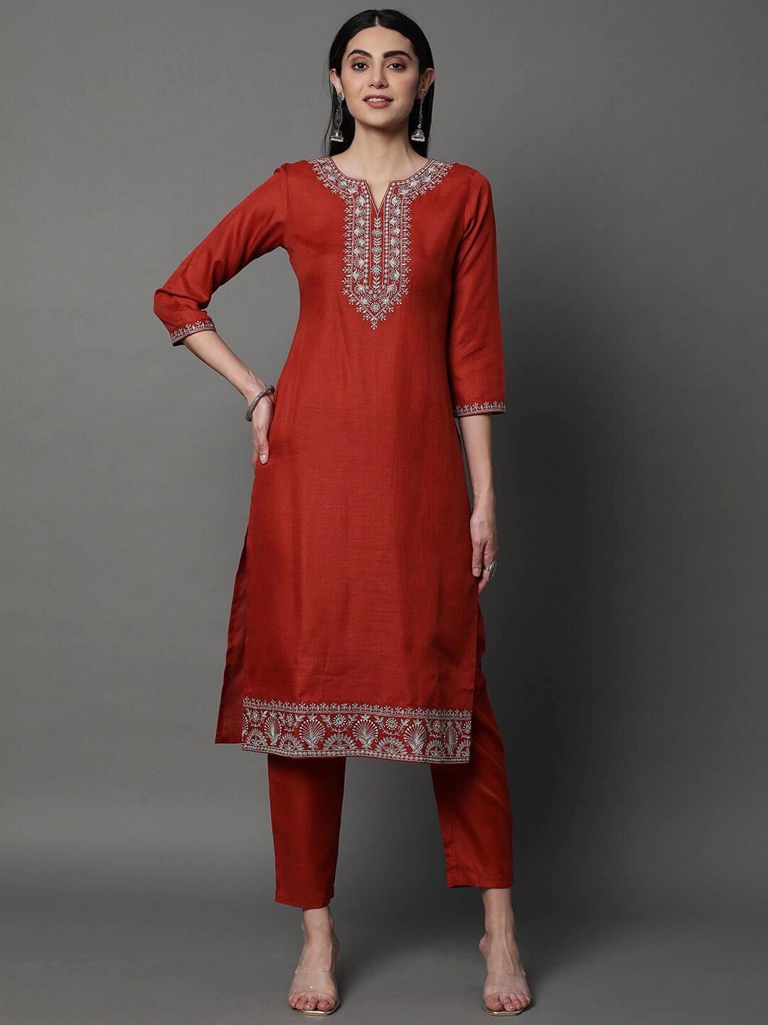 heeposh floral embroidered notched neck straight kurta with trousers & dupatta