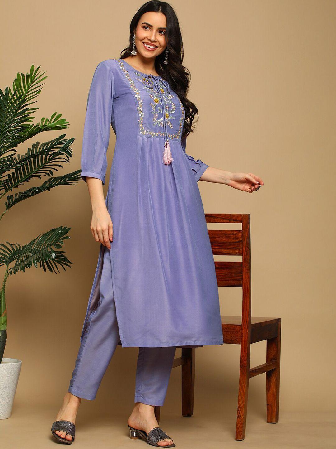 heeposh floral embroidered pleated kurta with trousers