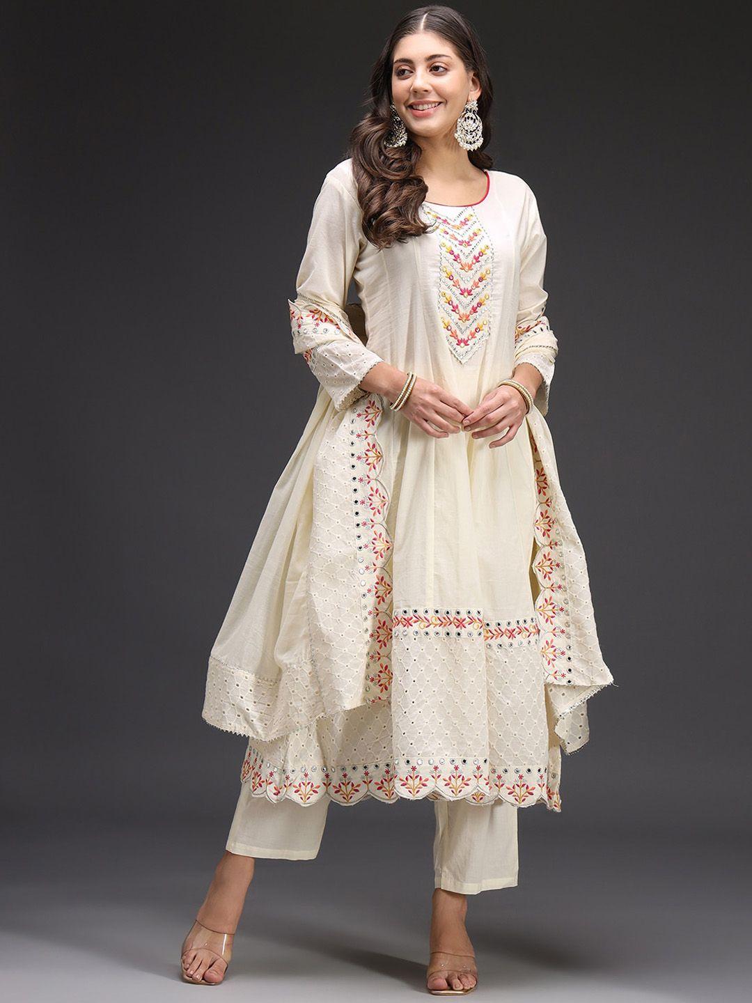 heeposh floral embroidered pure cotton anarkali kurta with trousers & dupatta