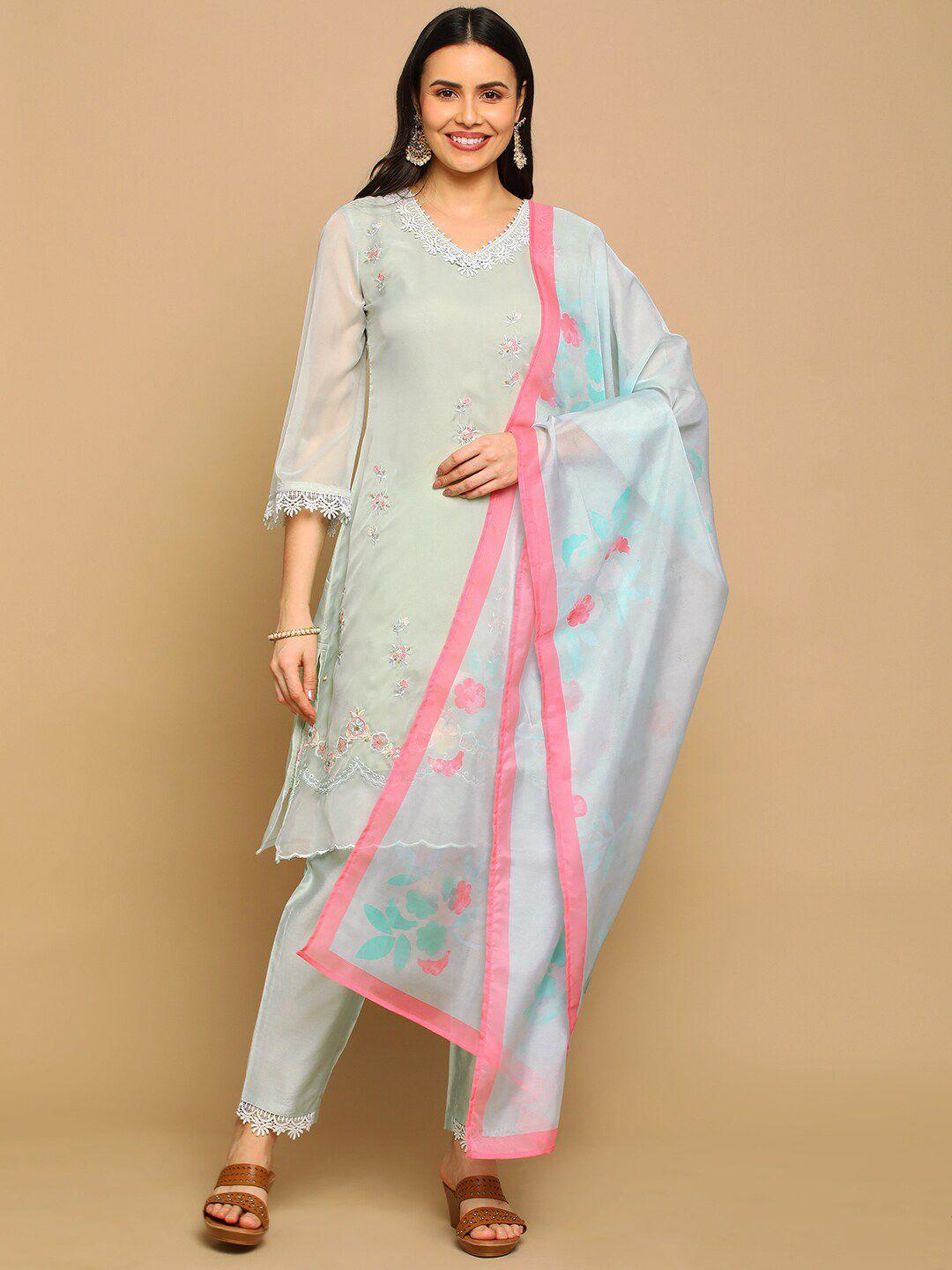 heeposh floral embroidered sequined a-line kurta with trousers & dupatta