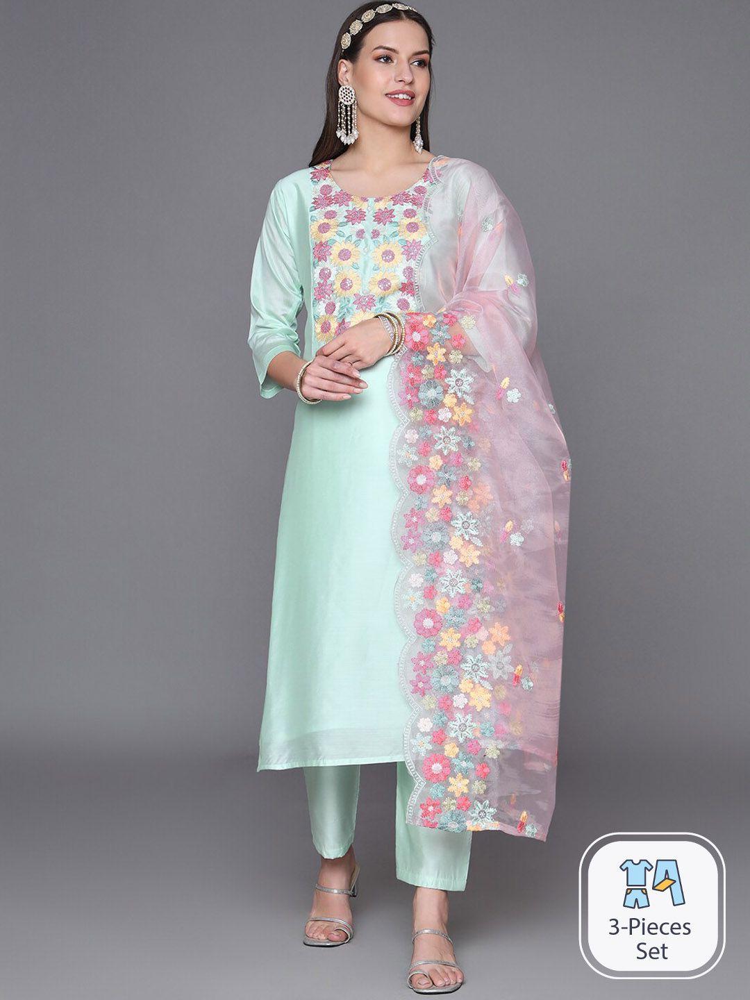 heeposh floral embroidered sequinned chanderi silk kurta with trousers & dupatta