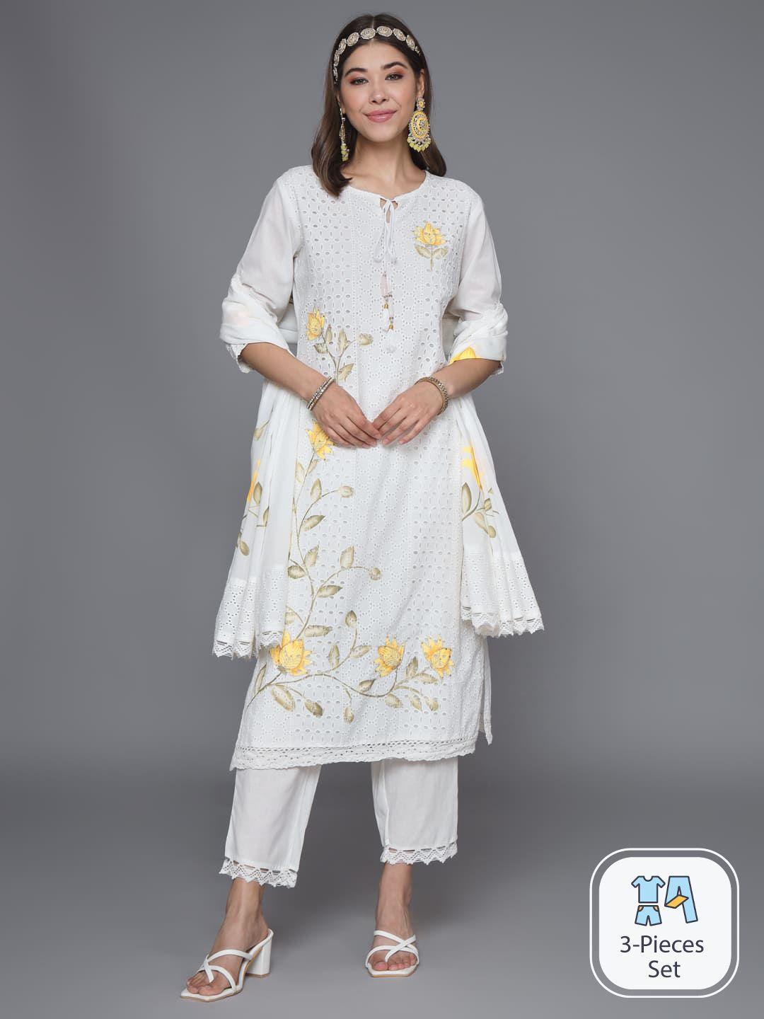 heeposh floral embroidered sequinned pure cotton kurta with trousers & dupatta