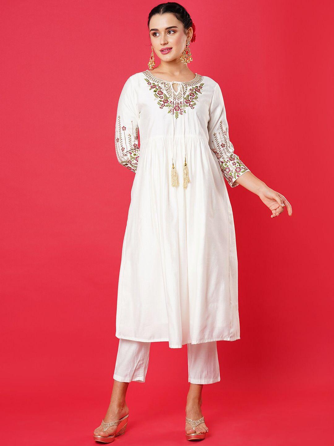 heeposh floral embroidered thread work a-line kurta with trousers & dupatta
