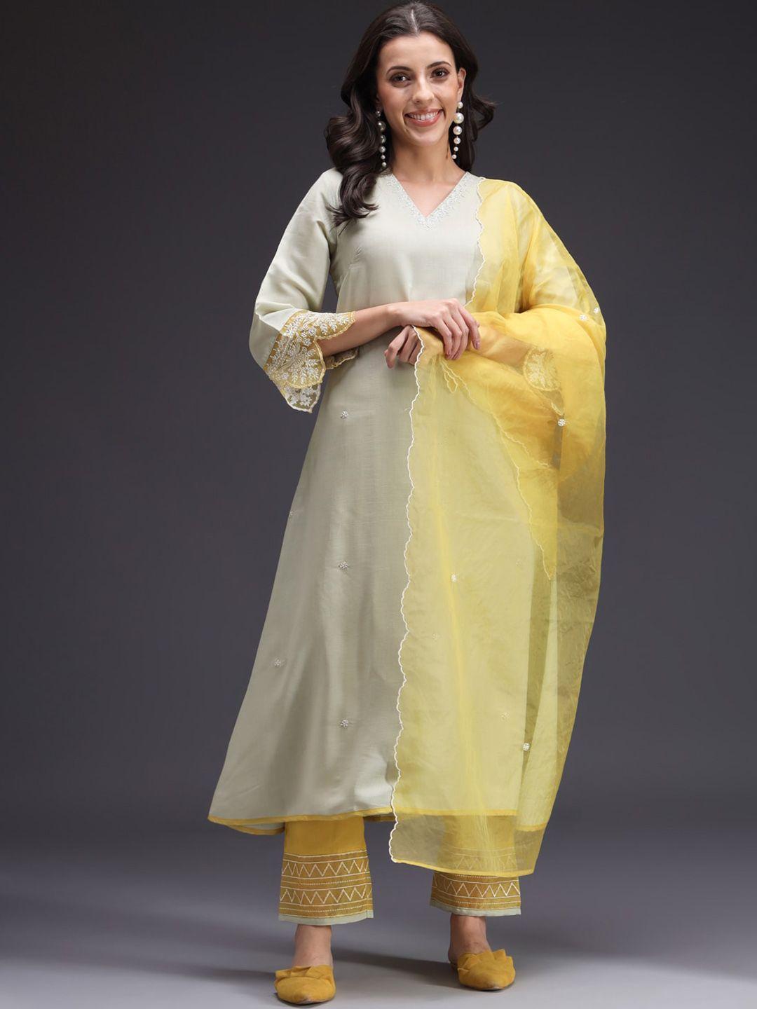 heeposh floral embroidered thread work a-line kurta with trousers & dupatta