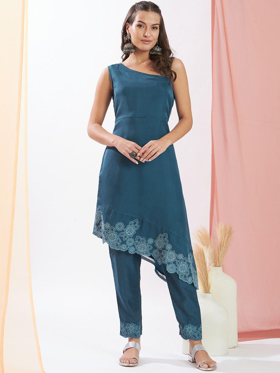 heeposh floral embroidered thread work a-line kurta with trousers