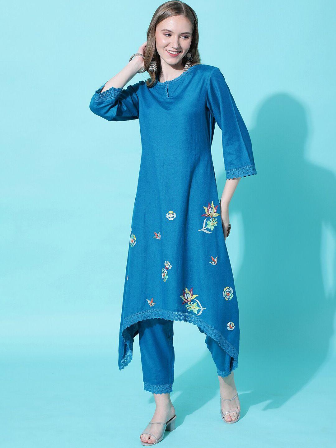 heeposh floral embroidered thread work asymmetric a-line kurta & trousers with dupatta