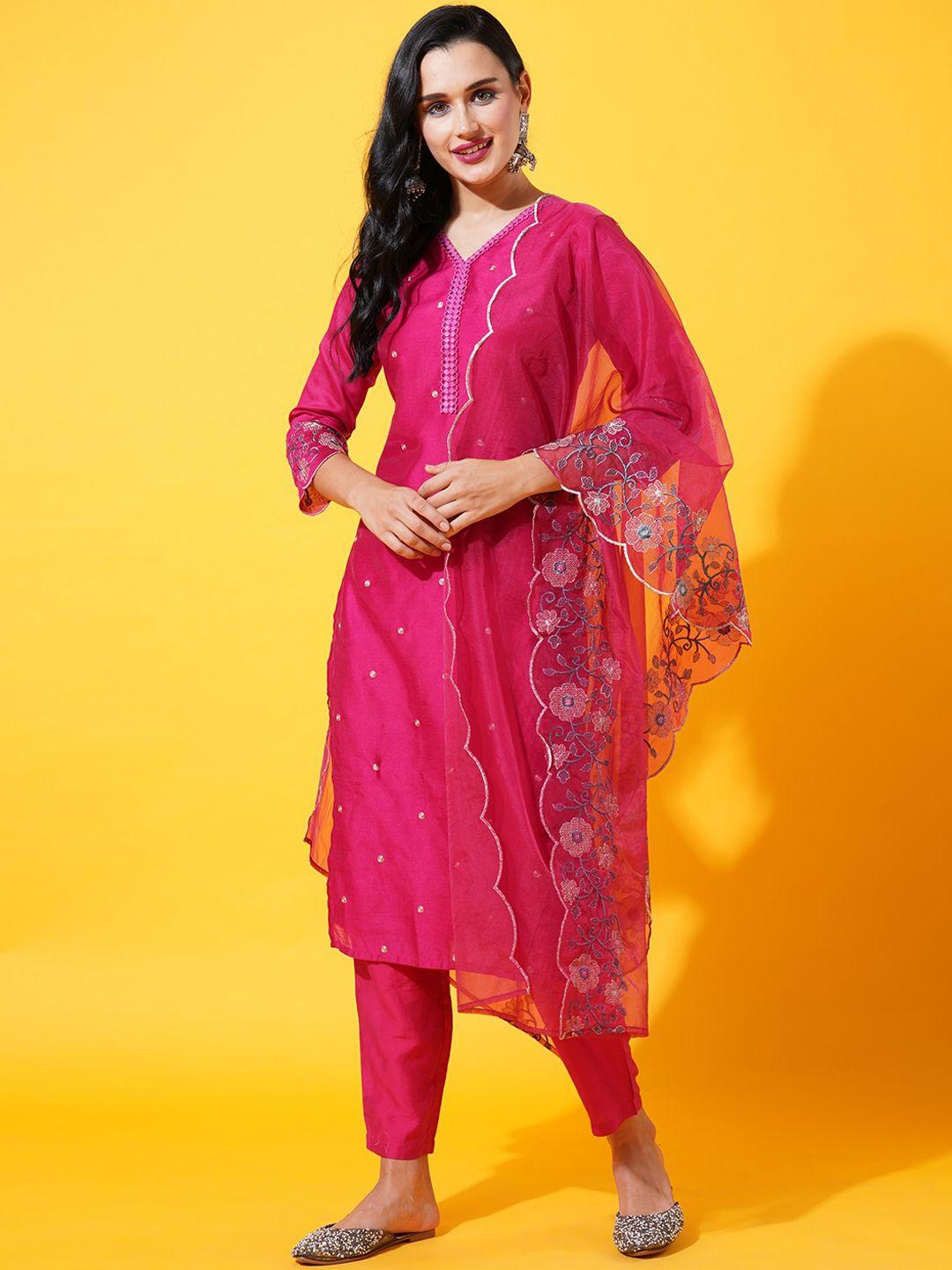 heeposh floral embroidered thread work chanderi silk kurta with trousers & dupatta