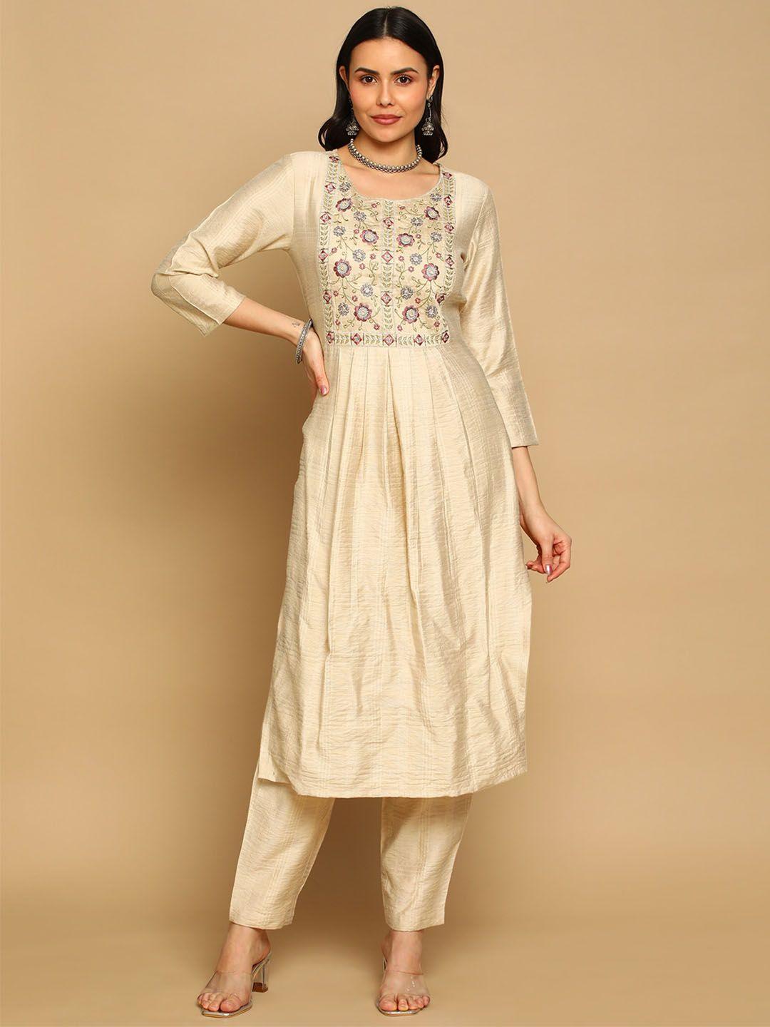 heeposh floral embroidered thread work kurta with trousers & with dupatta