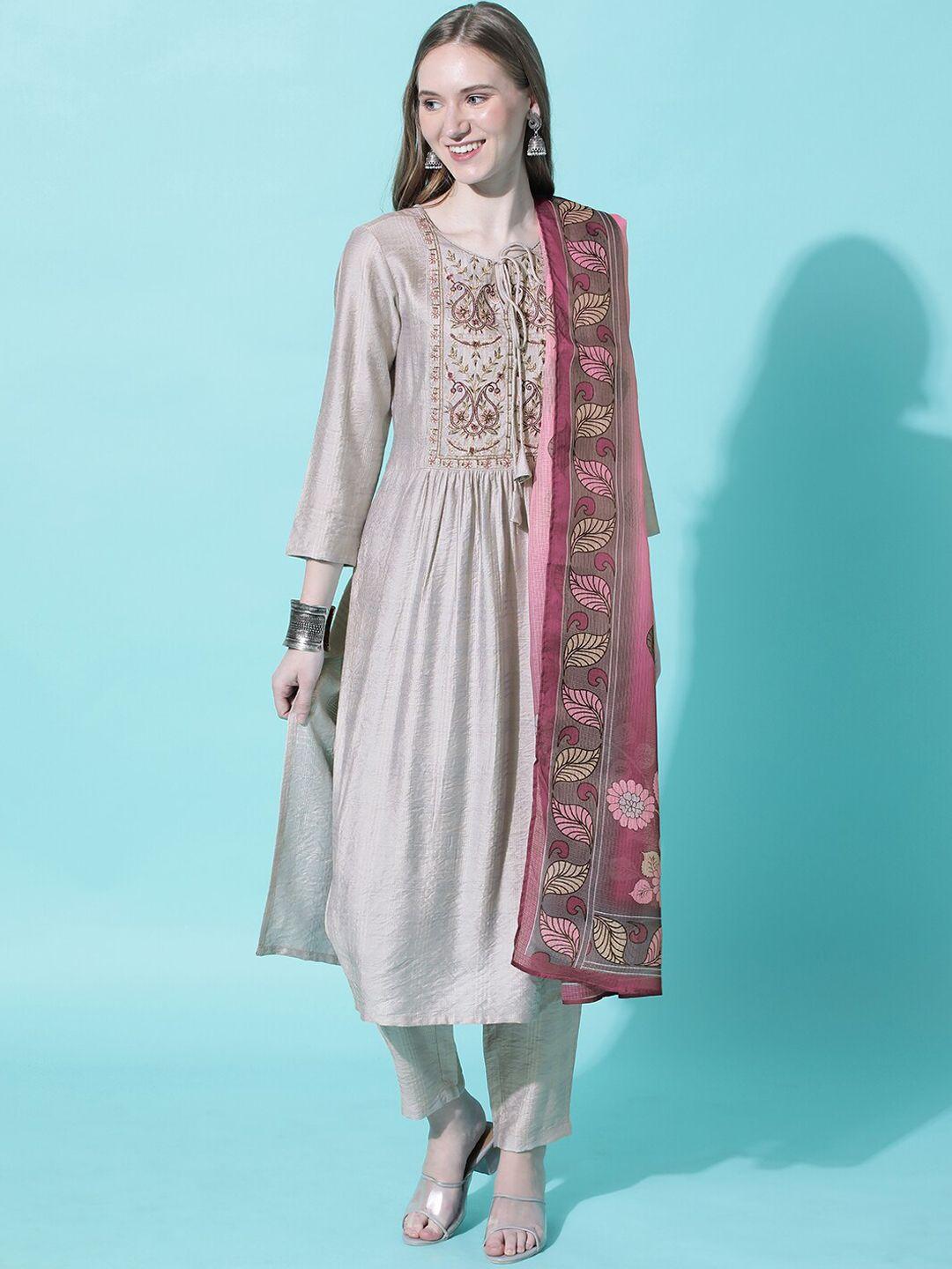 heeposh floral embroidered thread work kurta with trousers & with dupatta