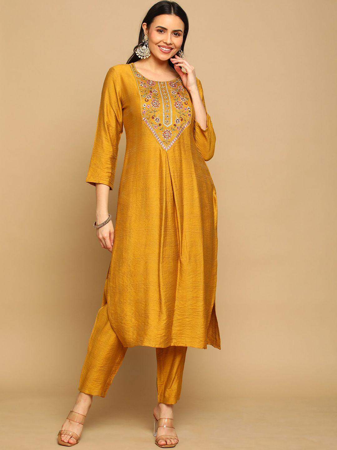 heeposh floral embroidered thread work kurta with trousers & with dupatta