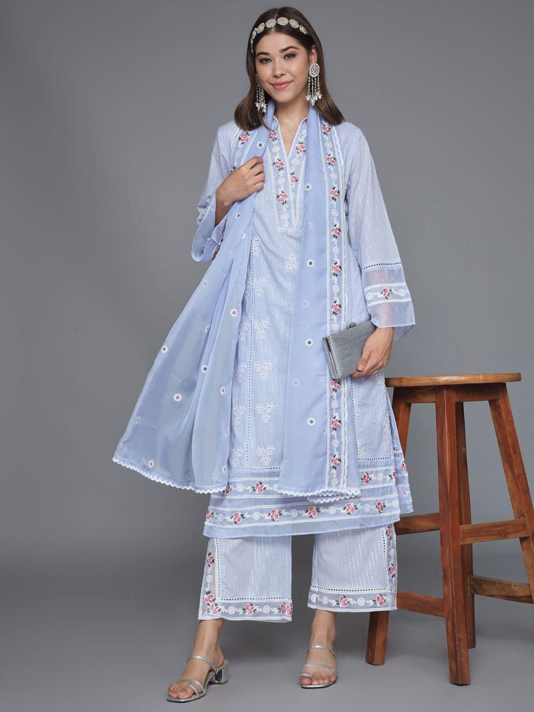 heeposh floral embroidered thread work pure cotton kurta with palazzos & dupatta