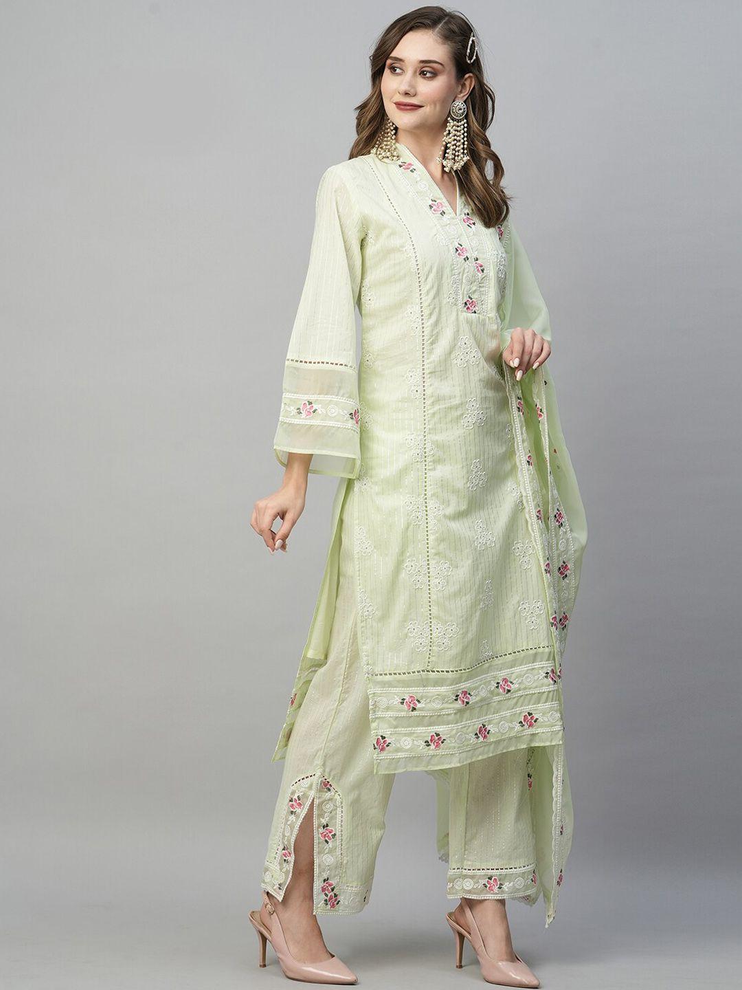 heeposh floral embroidered thread work straight kurta with palazzos & dupatta