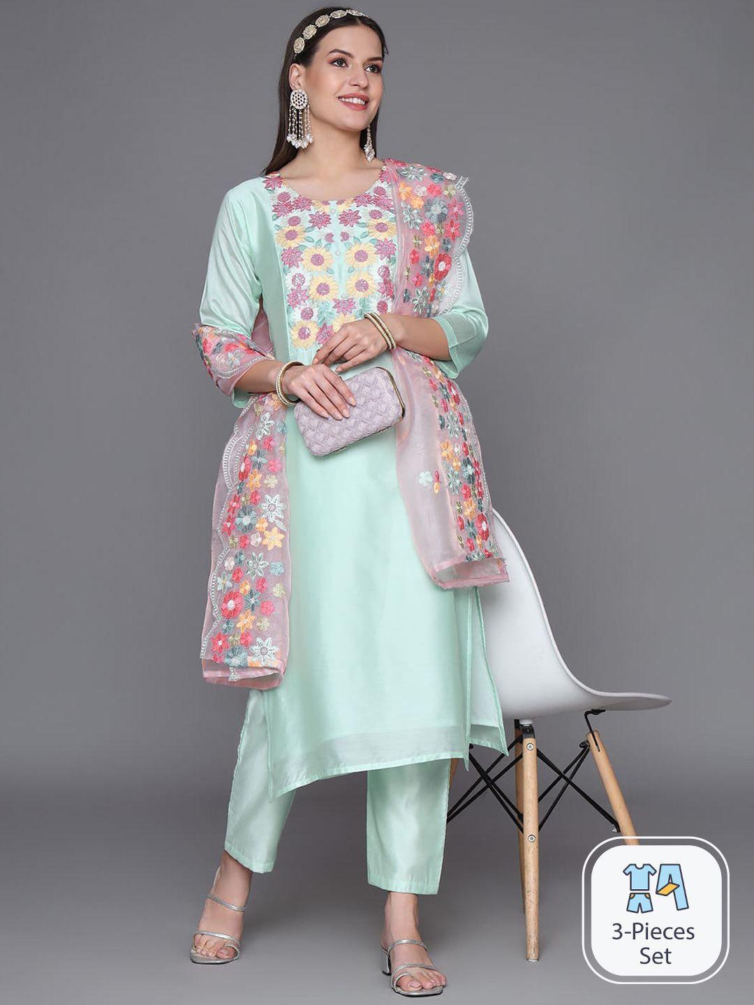 heeposh floral embroidered thread work straight kurta with trousers & dupatta