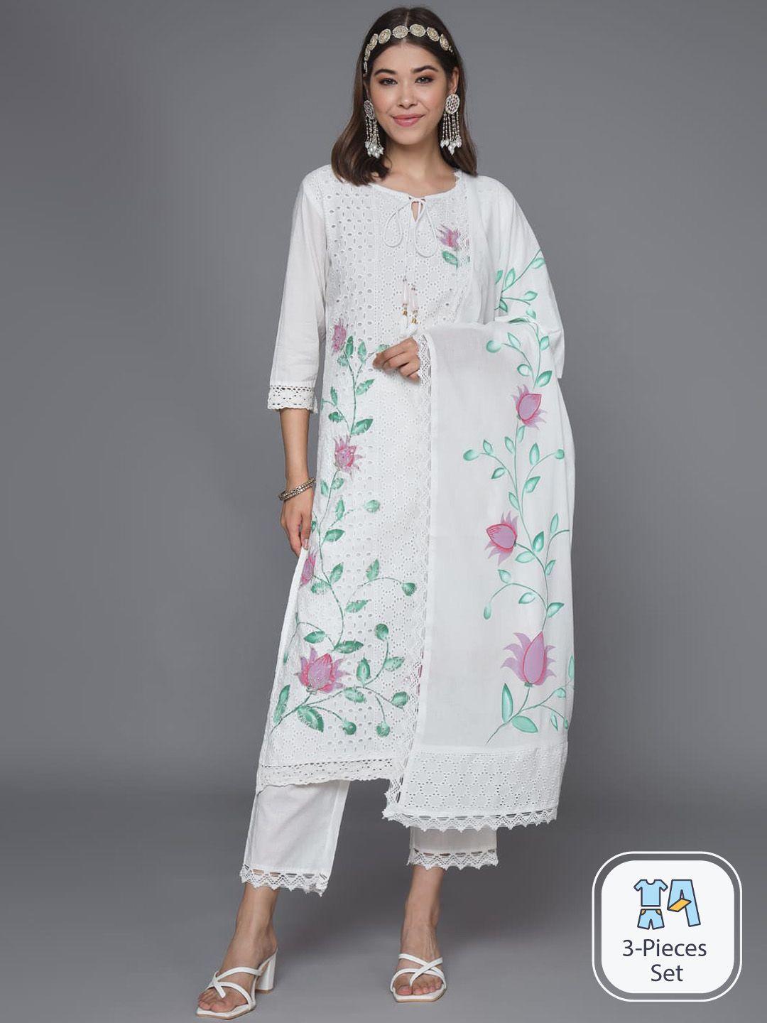 heeposh floral embroidered tie-up neck pure cotton kurta with trousers & dupatta