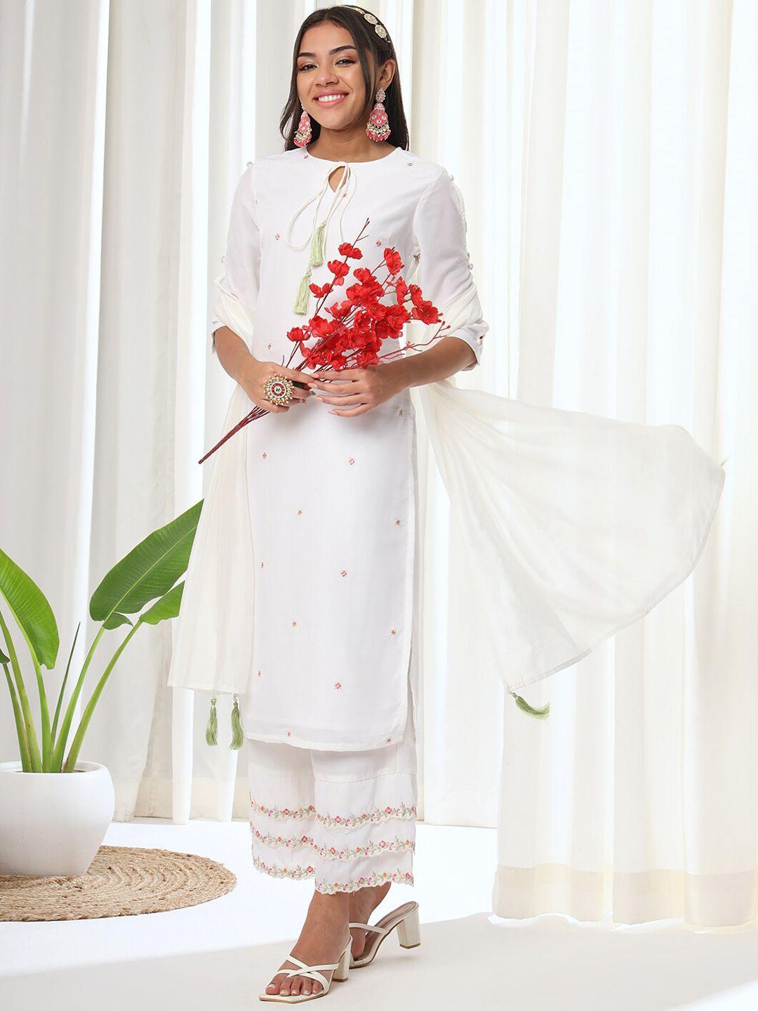 heeposh floral embroidered tie-up neck thread work straight kurta & palazzos with dupatta