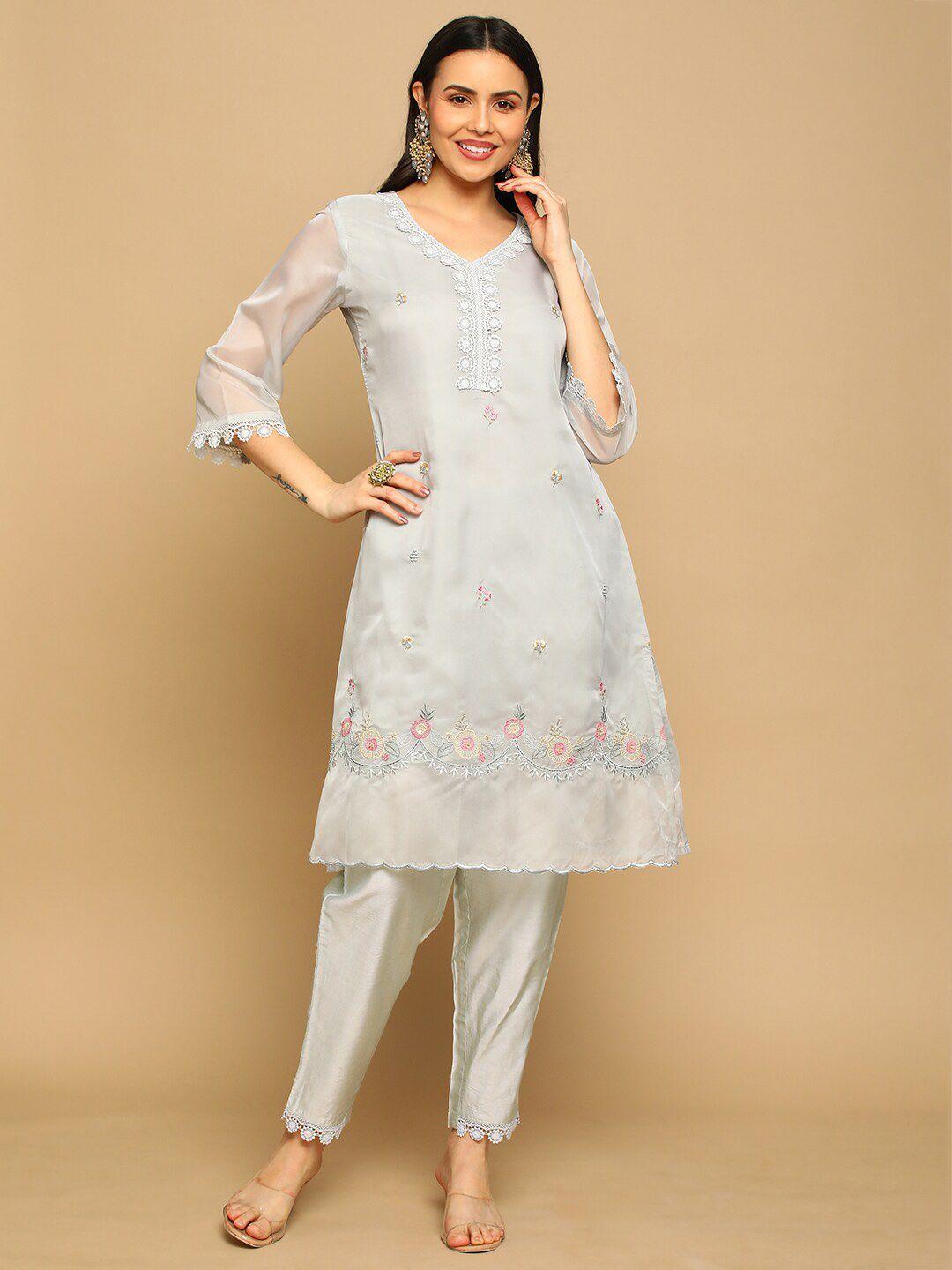 heeposh floral embroidered v neck kurta with trousers & dupatta